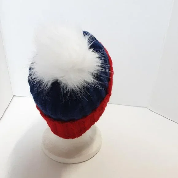 Winter Pom-Pom Beanie - Navy Red & White Football Fan Hat - 100% Acrylic New - Picture 4 of 6